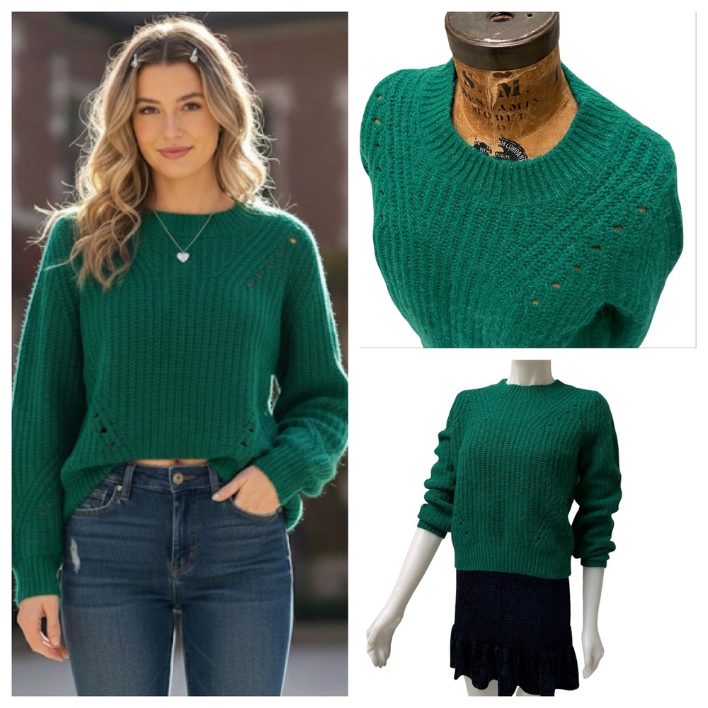 Chunky Knit Green Sweater Wool Alpaca Women‎ Pointelle Preppy Grandma Core Sz M